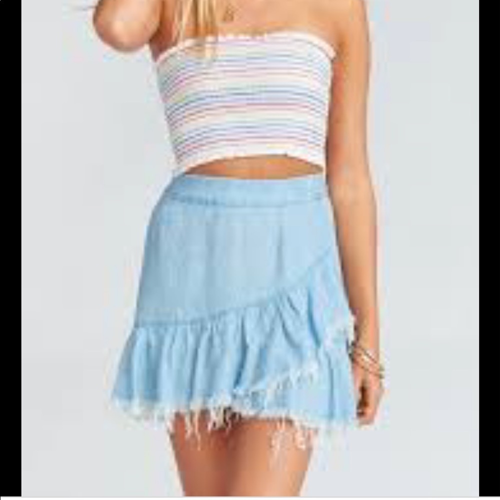 NWT- The Perfect Distressed Jean Ruffle A-Line Mini Skirt by SHOW ME YOUR MUMU